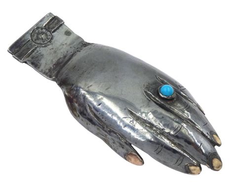 Modern Guild of Hull Silversmiths oxidised silver caddy spoon, modelled as an outstretched hand with engraved wristwatch to w