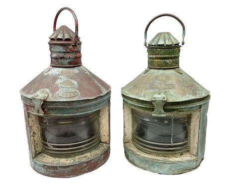 Late 19th/early 20th century large near pair of ship's copper and brass 'Port' and 'Starboard' lamps of bow-fronted form with