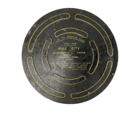 Raich Carter - presentation 35mm cine film in black/amber painted Kodak reel tin with manuscript details to the lid "Cup Tie 