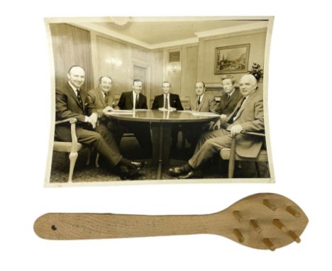 Early 1970s sepia photograph of the Pools Panel meeting at The Waldorf Hotel, London including Raich Carter, Marquis of Bath,