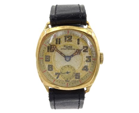 Raich Carter - Rone Sportsmans gent's 9ct gold cased manual wind wrist-watch, the silvered dial with Arabic numerals and subs