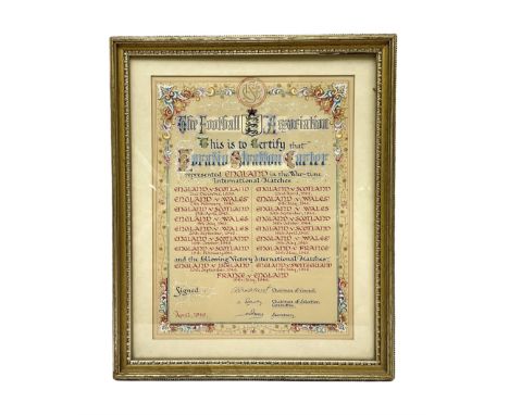 Football Association illuminated manuscript certificate awarded to Horatio Stratton Carter (Raich Carter) dated April 1946 in