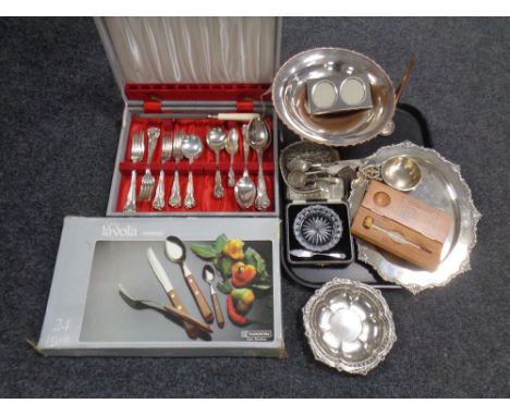A box containing a cased canteen of cutlery, boxed set of cutlery, assorted plated wares, sommelier thermometer etc