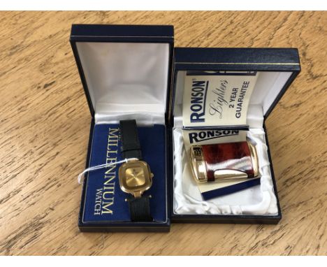 A Ronson gilt and tortoiseshell-effect cigarette lighter (boxed), together with a Raymond gold plated "Millenium" wristwatch 