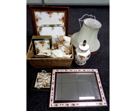 A quantity of Royal Albert Old Country Roses wares including table lamp, twin handled serving tray, place mats, wall clock, n