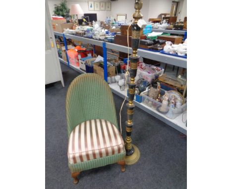 A mid 20th century loom bedroom chair together with a brass and marble Chinese floor lamp