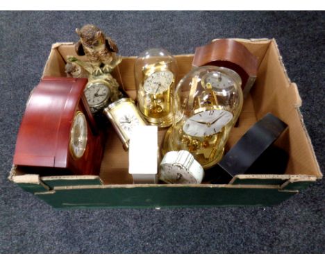A box containing a quantity of contemporary mantel clocks, anniversary clocks, a Juliana Collection owl clock