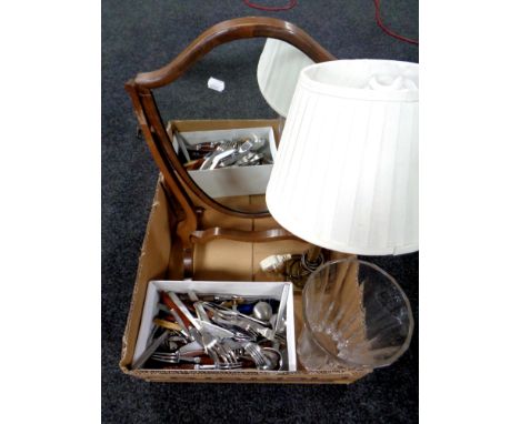 A box containing 19th century mahogany shield framed mirror on stand, brass table lamp with shade, cut glass vase together wi