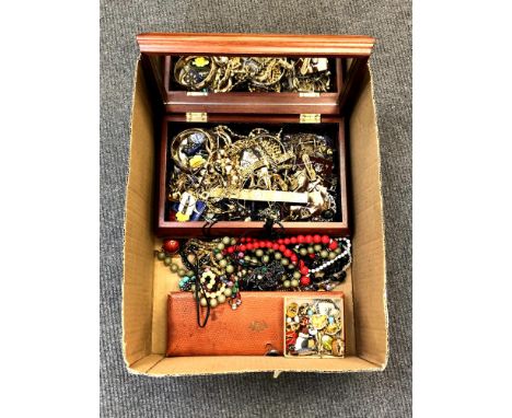 A box of mainly costume jewellery, cuff links, bead necklaces, lady's Rotary wristwatches etc