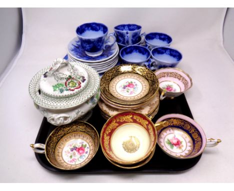 A tray containing continental blue and white teacups and saucer, Paragon bone china tea cups and saucers, James Howel &amp; C