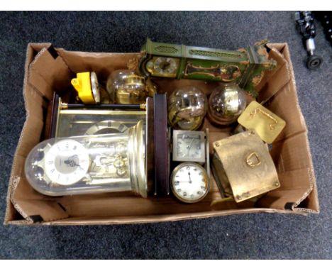 A box containing a quantity of assorted clocks to include wall clocks, anniversary clocks, mantel clocks, clock stands
