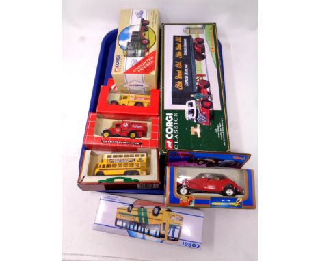 A tray containing Corgi Classics Eddie Stobart Foden Artic Trailer, and other boxed Corgi models, Days Gone die cast bus etc