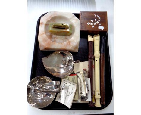 A tray containing miscellanea to include recorders, photograph snap shot books, plated wares, marble ashtray, table lighter e