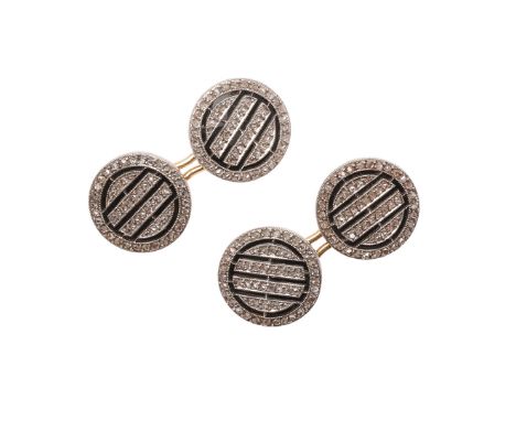A PAIR OF BLACK ONYX AND DIAMOND CUFFLINKS BY CARTIER. A PAIR OF BLACK ONYX AND DIAMOND CUFFLINKS BY CARTIER. of circular geo