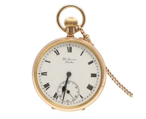 A 9CT GOLD OPEN FACED POCKET WATCH BY J.W. BENSON, LONDON. A 9CT GOLD OPEN FACED POCKET WATCH BY J.W. BENSON, LONDON. the sig