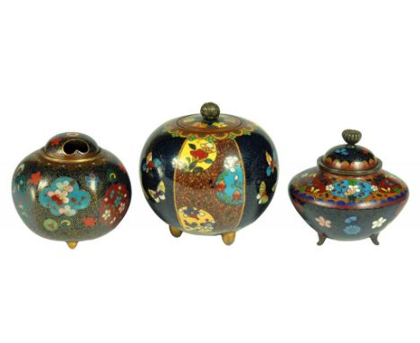 THREE JAPANESE CLOISONNÉ ENAMEL KOROS AND COVERS, MEIJI  7-9cm h (the largest ex Wheatley, Portobello Road, London) ++ The lo