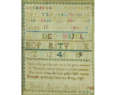 A LINEN SAMPLER WORKED BY SARAH AGER, AUGUST 7 1789 WITH VERSE, LETTERS AND NUMBERS, MAPLE FRAME