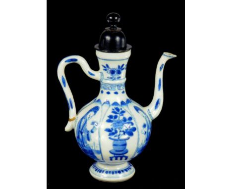 A CHINESE BLUE AND WHITE LAPPET MOULDED EWER, KANGXI painted with alternate panels of figures and flowers, 12cm h, overgilt c