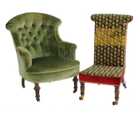 A VICTORIAN GRAINED ROSEWOOD PRIE DIEU, COVERED IN CONTEMPORARY GRAINED ROSEWOOD AND A VICTORIAN WALNUT ARMCHAIR REUPHOLSTERE