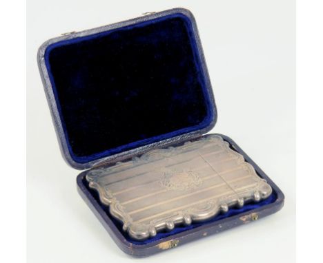 A VICTORIAN SILVER CARD CASE, ENGINE TURNED, BY GEORGE UNITE, BIRMINGHAM 1857, MAROON MOROCCO CASE, 2OZS