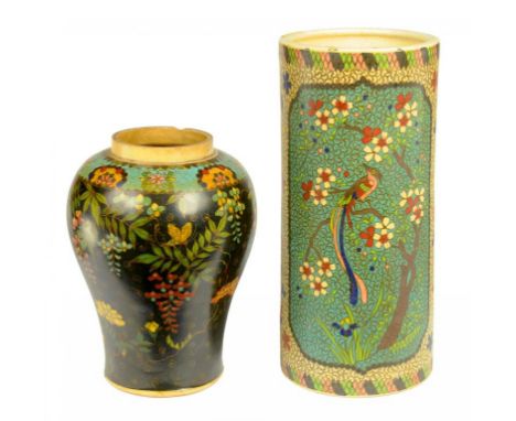 A JAPANESE CLOISONNÉ ENAMEL EARTHENWARE CYLINDRICAL VASE AND A SIMILAR JAR, MEIJI  18 and 24cm h, painted mark in red or gree