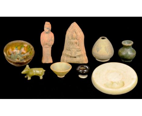 A CHINESE EARTHENWARE MINIATURE BOWL, TANG DYNASTY  with splashes of green and ochre glaze, 6.5cm diam and eight other items 