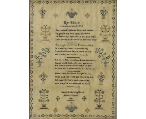 A LINEN SAMPLER WORKED BY SUSAN GREENING BILES, HENLY SCHOOL 1846 WITH VERSE MY BIBLE AND BORDER OF TREES AND FLOWERS IN POTS