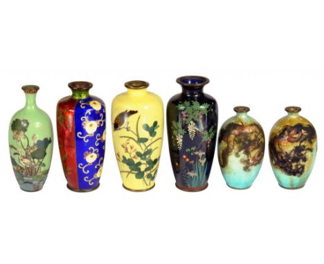 FOUR AND A PAIR OF JAPANESE CLOISONNÉ ENAMEL VASES, MEIJI  including a yellow ground example with a sparrow on a branch by Ad