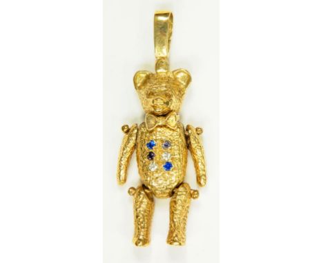 A SAPPHIRE AND DIAMOND SET GOLD TEDDY BEAR PENDANT FULLY ARTICULATED 19.8G