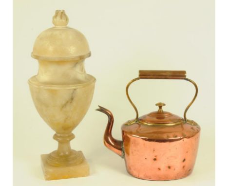 A VICTORIAN COPPER KETTLE AND AN ALABASTER LAMP IN THE FORM OF SHIELD SHAPED VASE AND COVER