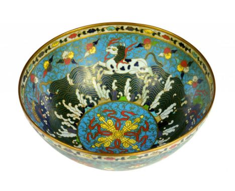 A CHINESE CLOISONNÉ ENAMEL BOWL, IN MING STYLE, 20TH C  the exterior with lotus meander, the interior with two running horses