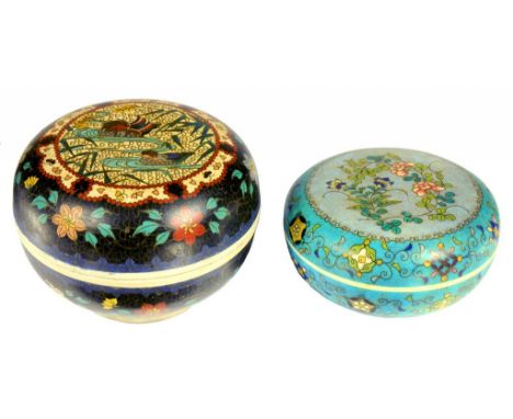 TWO JAPANESE CLOISONNÉ ENAMEL ON PORCELAIN ROUND BOXES AND COVERS, KOGO, MEIJI  the interior of the smaller box painted in un