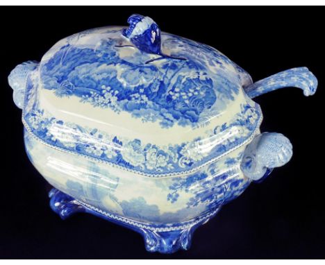 A BLUE PRINTED EARTHENWARE ANTIQUE SCENERY SERIES CAISTER CASTLE NORFOLK PATTERN  SOUP TUREEN AND COVER AND A SPODE BLUE PRIN