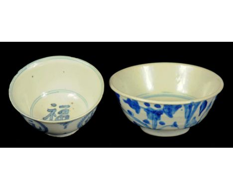 TWO CHINESE BLUE AND WHITE BOWLS, MING DYNASTY, 16TH C   the smaller painted with auspicious characters, 10.5 and 13cm diam +
