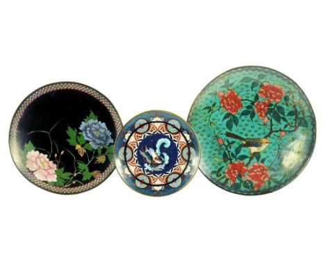 THREE JAPANESE CLOISONNÉ ENAMEL DISHES, MEIJI  18.5-27.5cm ++ The two larger dishes with slight wear and faults, some caused 