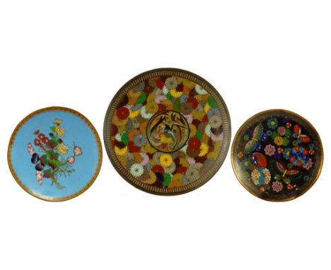 THREE JAPANESE CLOISONNÉ ENAMEL DISHES, MEIJI  15-21cm h ++ Largest with area of loss of counter enamel.  One of the smaller 