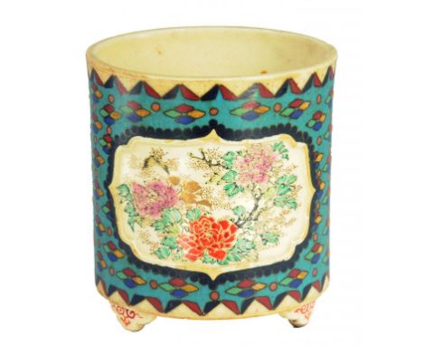 A JAPANESE CLOISONNÉ ENAMEL EARTHENWARE BRUSH POT, TOTAI, MEIJI  painted to either side with a moulded panel of flowers and a