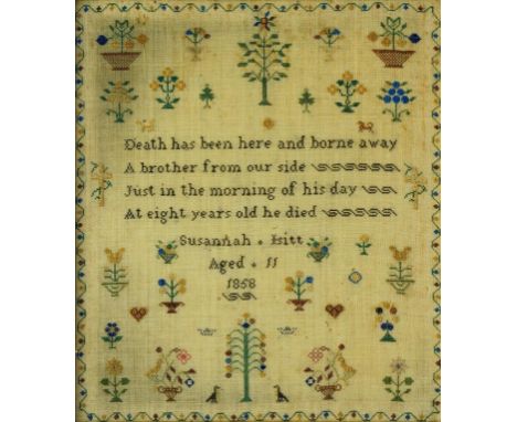 A LINEN SAMPLER WORKED BY SUSANNAH ISITT AGED ELEVEN 1858 WITH BIRDS, TREES AND FLOWERS, OAK FRAME