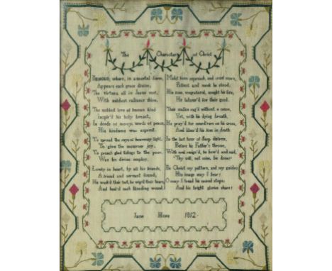 A LINEN SAMPLER WORKED BY JANE HORE 1812 WITH VERSE THE CHARACTER OF CHRIST, MAPLE FRAME