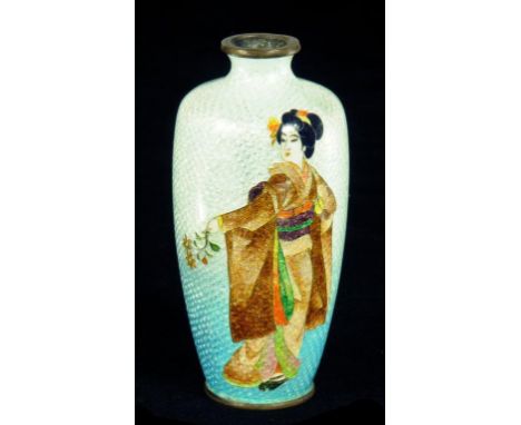 A JAPANESE CLOISONNÉ ENAMEL AND EMBOSSED FOIL (GIN-BARI) VASE, MEIJI  decorated with a bejin holding a flower, 11.5cm h (ex W