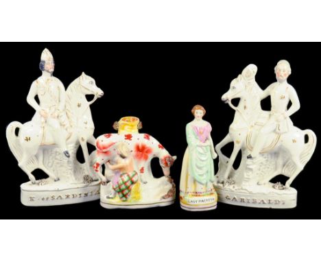 A PAIR OF 19TH C STAFFORDSHIRE EARTHENWARE EQUESTRIAN PORTRAIT FIGURES OF GARIBALDI AND THE K OF SARDINIA, C1860 A STAFFORDSH
