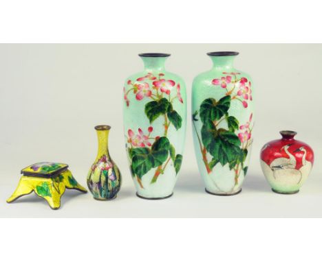 A PAIR OF JAPANESE CLOISONNÉ ENAMEL AND EMBOSSED FOIL (GIN BARI) VASES, TWO MINIATURE VASES AND AN INKWELL AND COVER, MEIJI  
