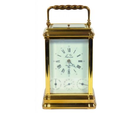 A FRENCH BRASS CARRIAGE CLOCK BY L'EPEE, WITH SUBSIDIARY DAY, DATE AND ALARM DIALS, IN GORGE CASE  WITH REPEAT BUTTON IN THE 