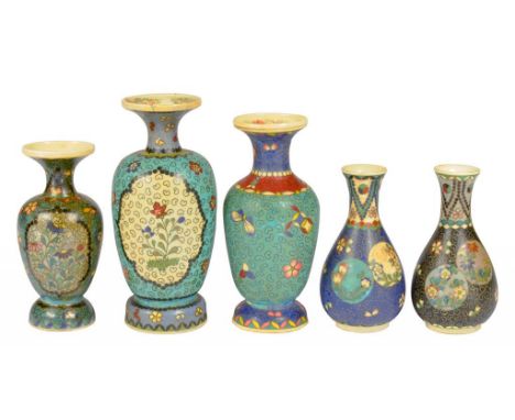 FIVE JAPANESE CLOISONNÉ ENAMEL, EARTHENWARE VASES, MEIJ 12-17.5cm h ++ Rim of largest vase restored, another vase with small 