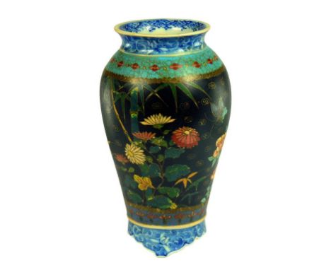 A JAPANESE CLOISONNÉ ENAMEL ON PORCELAIN THREE FOOTED VASE, MEIJI  19cm h, painted mark ++ In satisfactory condition 