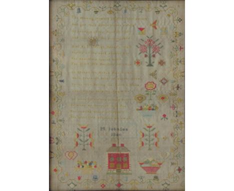 A LINEN SAMPLER, FINELY WORKED BY M. JOHNSON 1806 WITH A RED HOUSE VERSE THE MORNING FLOWERS DISPLAYED AS SWEETS..., TREES AN