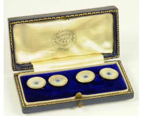A PAIR OF EARLY 20TH CENTURY SAPPHIRE, MOTHER OF PEARL, PLATINUM AND GOLD CUFFLINKS, MARKED 9CT PLAT, CASED