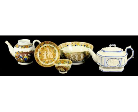 A WEDGWOOD & CO, FERRYBRIDGE PEARLWARE TEAPOT, TEA BOWL AND SAUCER AND SLOP BASIN, PRINTED IN SEPIA AND PAINTED WITH BRITANNI