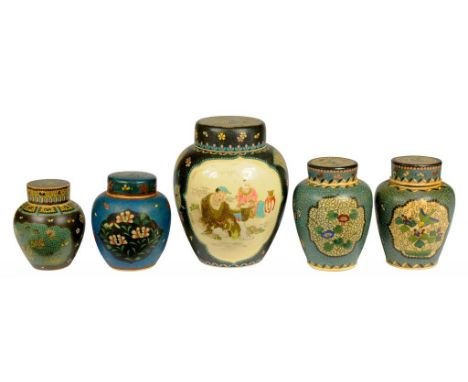 A PAIR OF JAPANESE CLOISONNÉ ENAMEL JARS, COVERS AND INNER COVERS, TWO OTHERS AND A LARGER EARTHENWARE GINGER JAR AND COVER, 