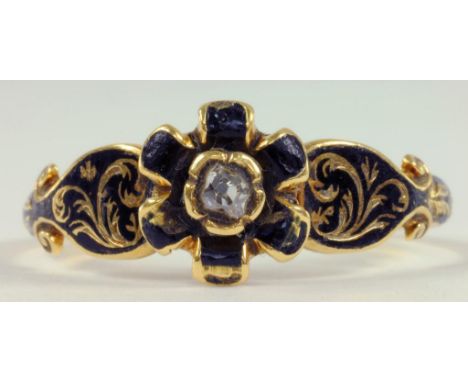 A VICTORIAN DIAMOND 18CT GOLD AND BLACK ENAMEL MOURNING RING, BIRMINGHAM 1852, 2.6G